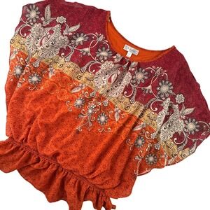 Dressbarn L Floral Print Orange Red Blouse Sheer Layered Ruffle Hem‎